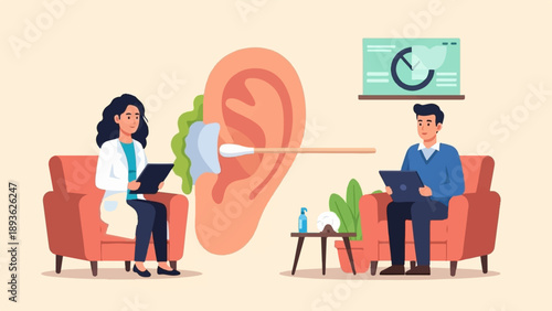 Doctor cleans ear with cotton swab while patient uses laptop in chair