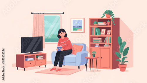 Cozy scene of woman relaxing in living room, holding a book