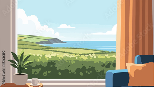 Cozy interior with a plant and coffee cup overlooking a serene coastal landscape