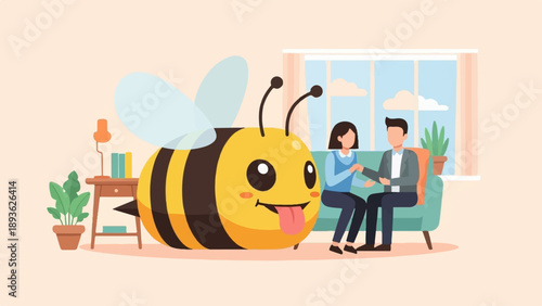 Cute cartoon bee sitting with couple on couch in cozy room