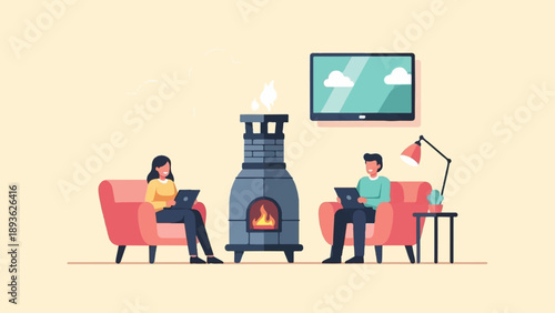 Couple relaxing by fireplace, using laptops, with TV showing clouds