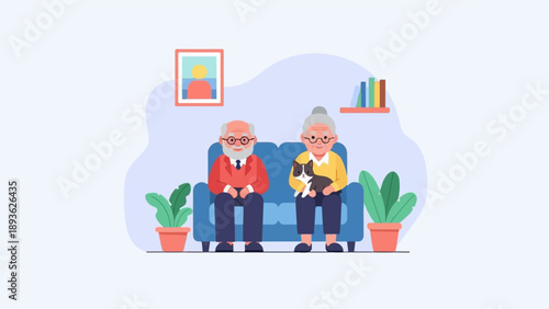Elderly couple on couch with cat, framed picture and books