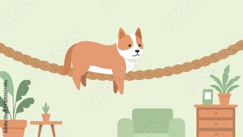Cute cartoon dog balances on a thick rope, indoor plants and furniture