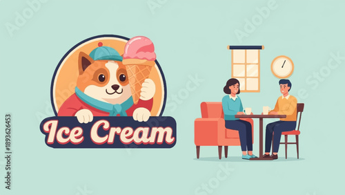 Cute cartoon dog in hat holding ice cream, people at table