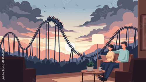 Couple relaxes indoors, watching a roller coaster at sunset