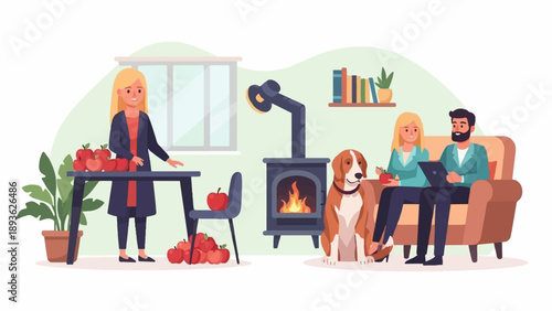 Cozy indoor scene with people, dog, apples, and fireplace
