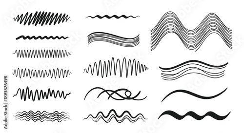 Collection of many hand drawn black wavy and zigzag lines of varying thicknesses and patterns on a white background for design elements.