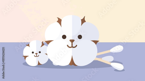 Adorable cartoon cotton puffs with cotton swabs