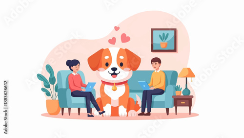 Cozy home scene with happy people, dog, and plants on couch