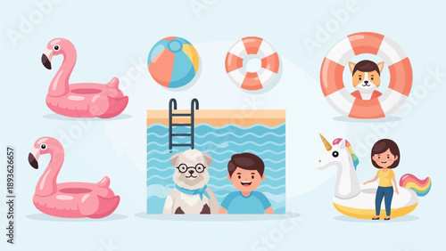 Cute cartoon pool party with flamingo floats, dog, boy, girl, unicorn float