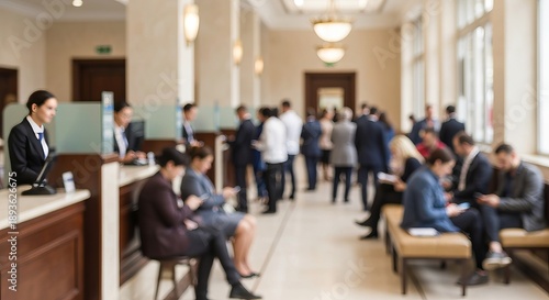 Wallpaper Mural Busy Banking Hall Depicting Financial Activities with People Sitting and Waiting in Blurred Focus Torontodigital.ca