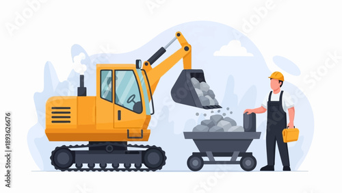 Excavator loads rocks into a cart while a worker supervises