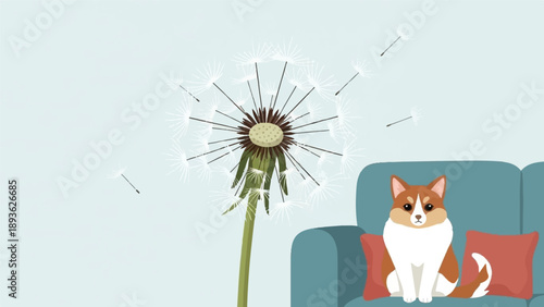 Adorable dog sits on sofa next to a dandelion with seeds blowing away