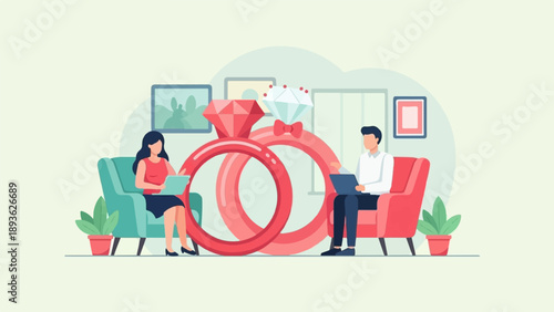 Couple in therapy session with giant wedding rings as backdrop