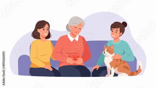 Family and cat comfort an elder woman experiencing stomach pain on sofa