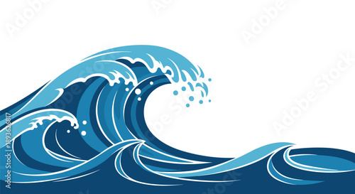 Beautiful illustration of several large blue sea waves crashing over each other with white crests and foam on a white background.