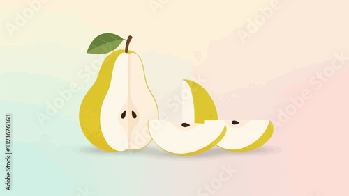 A sliced pear and two wedges sit on a soft pastel background