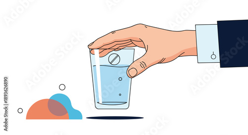 Close up illustration of a human hand holding a glass of water with a dissolving pill or tablet inside against a clean white background.