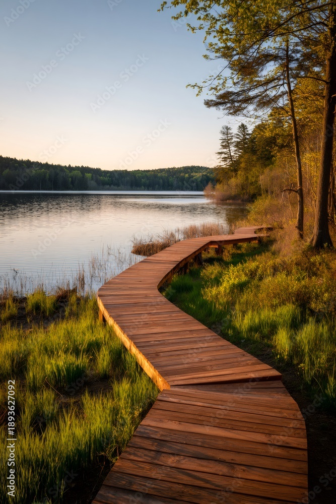 Naklejka premium Wooden boardwalk winding along lake shore at sunset