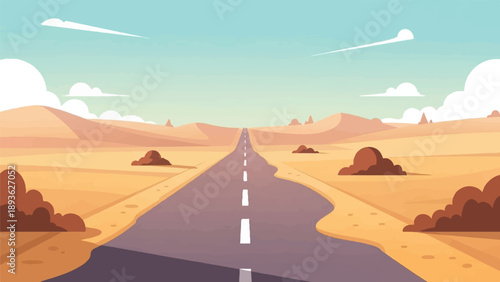 A straight, empty desert road leads to the horizon under a clear sky