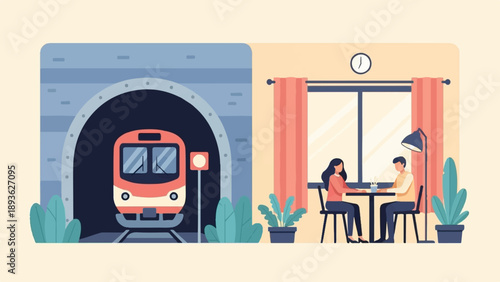 Couple enjoying a meal indoors with a train departing a tunnel