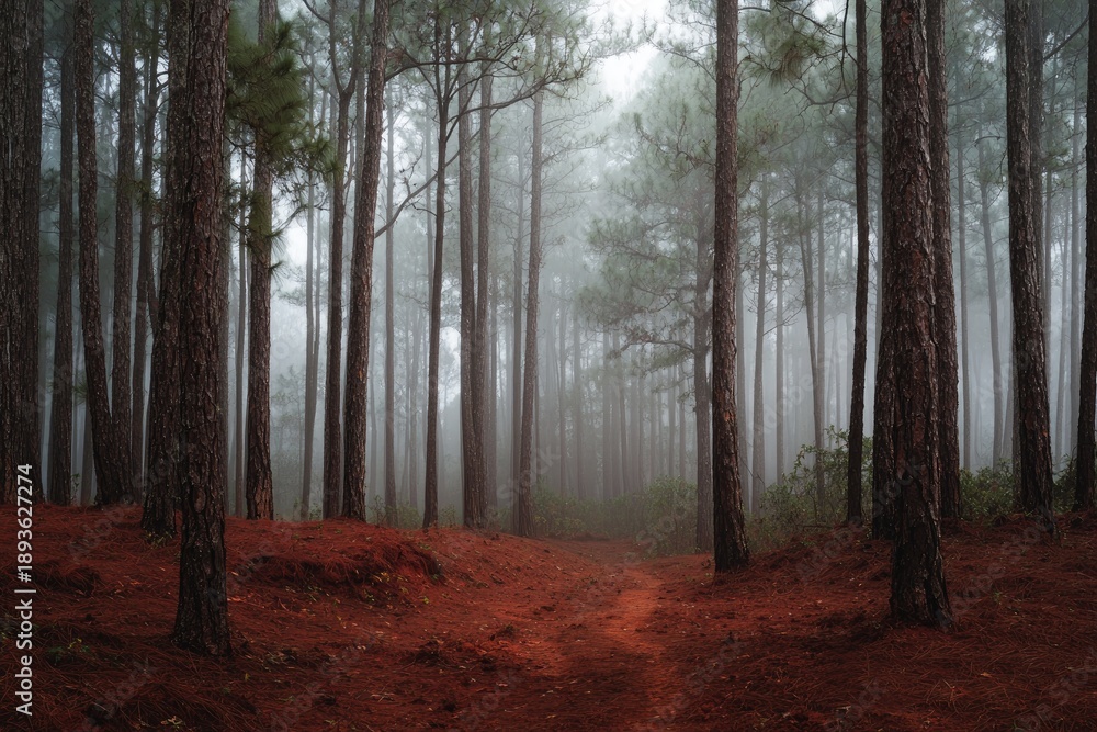 Fototapeta premium Misty forest path, tall pines, red earth, atmospheric, serene