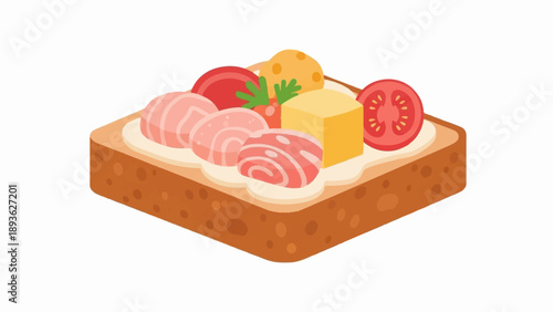A slice of toast topped with cream cheese, deli meat, cheese, and tomatoes