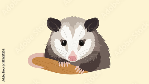 Cute opossum with a tail wrapped around a log
