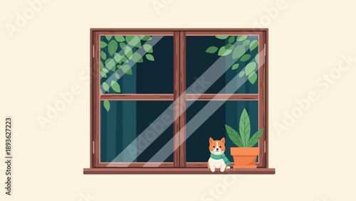 A small cat sits on a windowsill next to a potted plant
