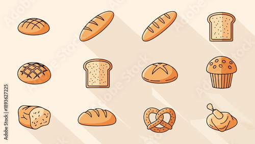 An assortment of baked goods including bread, muffins, and pretzels