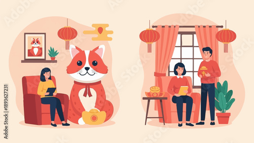 Family and fortune A cozy scene with red and gold tones