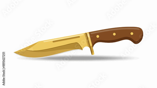 A sharp, gold-bladed hunting knife with a brown wooden handle