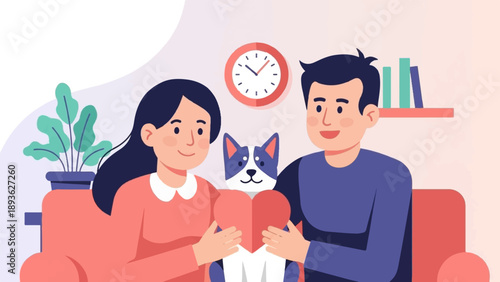 A smiling couple holds a heart, with their dog sitting between them