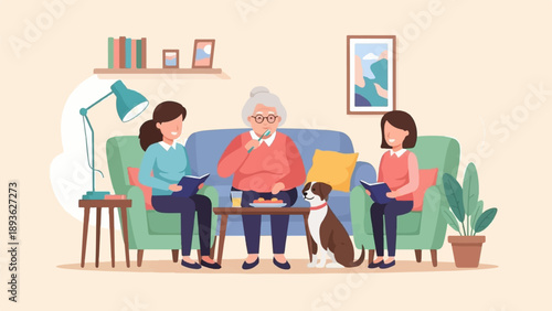 Family and pet relax indoors, reading and eating