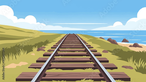 A scenic view of railroad tracks leading towards the ocean under a partly cloudy sky