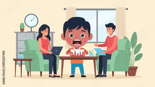 Family discussing dental health with a child showing teeth