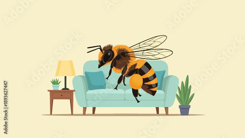 A large bee is perched on a light blue sofa with a lamp and plants