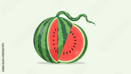 A juicy, sliced watermelon with a green stem on a pale background
