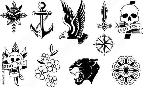 Adventure & Tattoo Icon Vector Set – Compass, Anchor, Skull, Panther Symbols