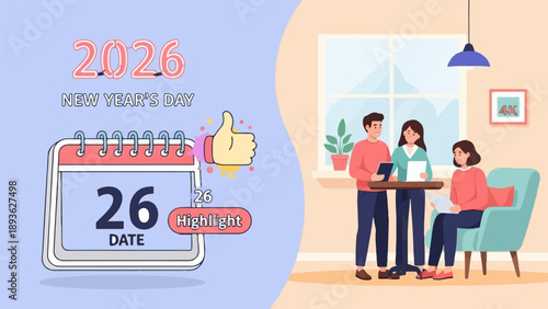 2026 New Year's Day Calendar Highlight with people working together