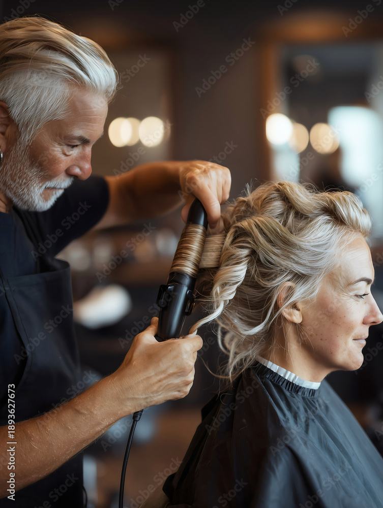 Fototapeta premium Professional hairdresser using curling iron tongs on mature woman hair in modern beauty salon.