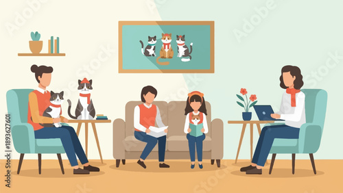 Family enjoying a cozy evening at home with their cats