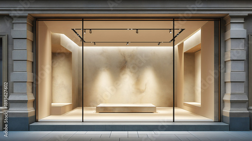 Empty classic storefront facade mockup with warm cream interior display plinth side shelving black framed windows track lighting textured walls and elegant stone column architecture.