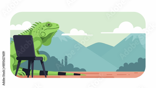 An iguana sits on a chair looking at mountains