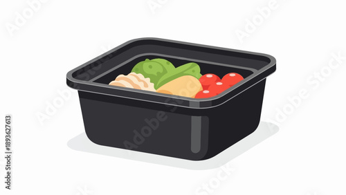 A black take-out container filled with food