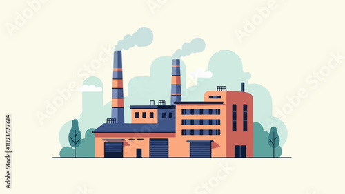 An industrial factory complex with smoking chimneys, orange buildings, and trees