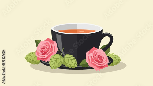 A black cup of tea rests on a saucer with pink roses and hop cones