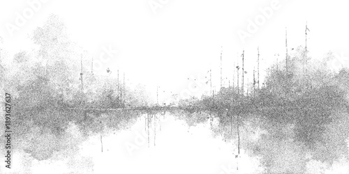 Vector Abstract monochrome watercolor landscape reflection over the water surface, atmospheric and minimalist design. Depicting a serene waterscape. 