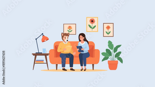 Anthropomorphic dog and woman converse on orange couch in a cozy room