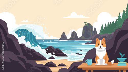 A happy dog sits on a table overlooking a powerful ocean wave